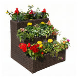 Outdoor 3-Tier Wicker Raised Planter Stand (Dark Brown)