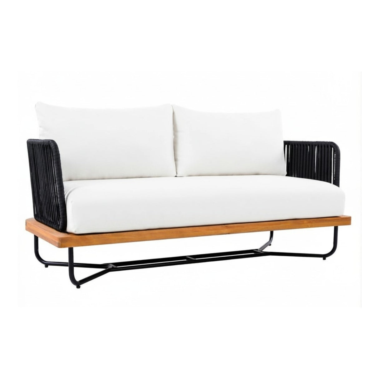 Outdoor Rope 2-Seater Sofa Set with Wooden Base & Slatted Wooden Coffee Table