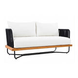 Outdoor Rope 2-Seater Sofa Set with Wooden Base & Slatted Wooden Coffee Table