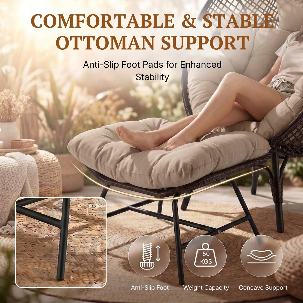 4-Piece Outdoor Wicker Egg Chair Set with Ottomans (Dark Brown & Cream)