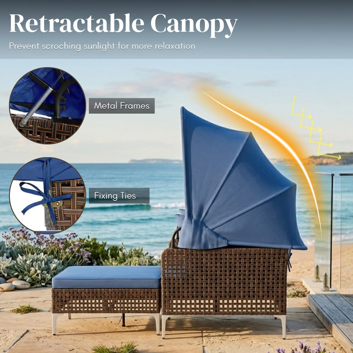 Luxury Outdoor Rattan Wicker Daybed with Canopy & Cushions