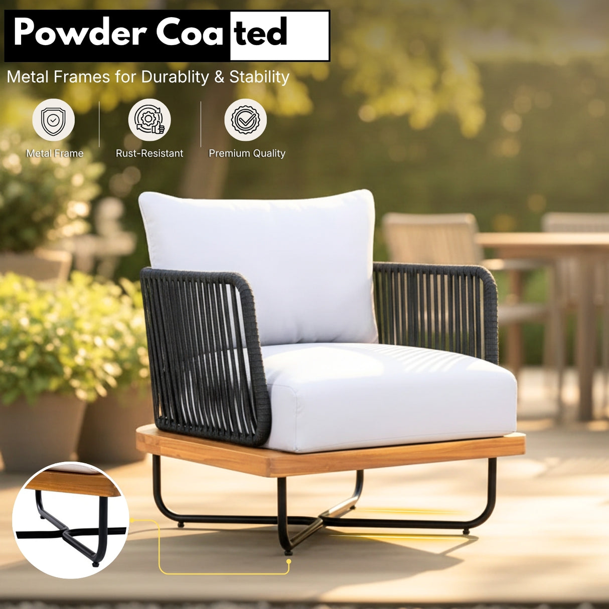 Outdoor Rope Sofa with Wooden Base (Black & White)