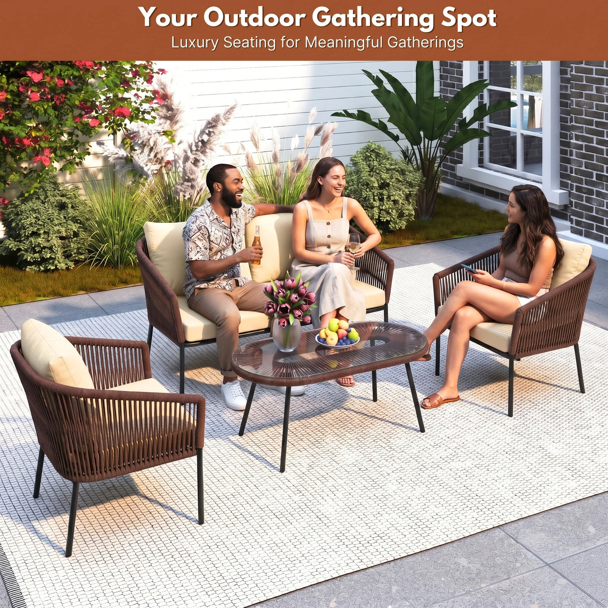 Outdoor 4 Seater Rope Conversation Sofa Set (Brown & Cream)