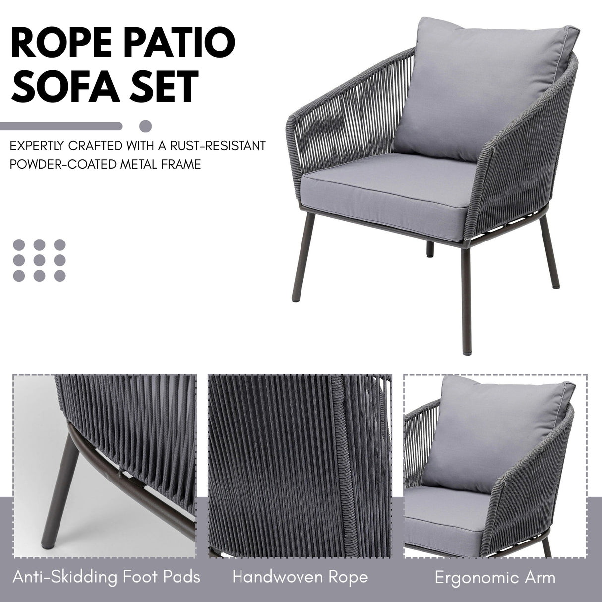 Outdoor Rope 5-Seater Patio Sofa Set with Glass Top Table (Grey)
