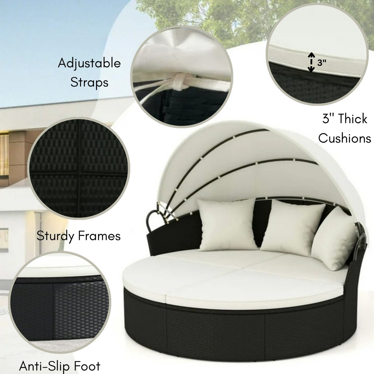 Outdoor Round Canopy Daybed Wicker Patio Furniture Set with Cushions