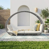 Outdoor Rattan Wicker Daybed with Oval-Shaped Canopy Frame (Silver Grey & Off-White)