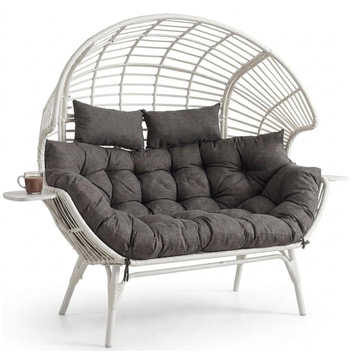 Outdoor Wicker Double Seater Egg Chair with Dual Cup Holders (White & Dark Grey)