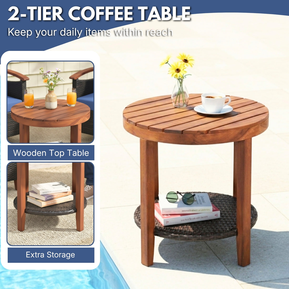 3-Piece Outdoor Wicker Patio Conversation Set (Dark Brown & Blue)
