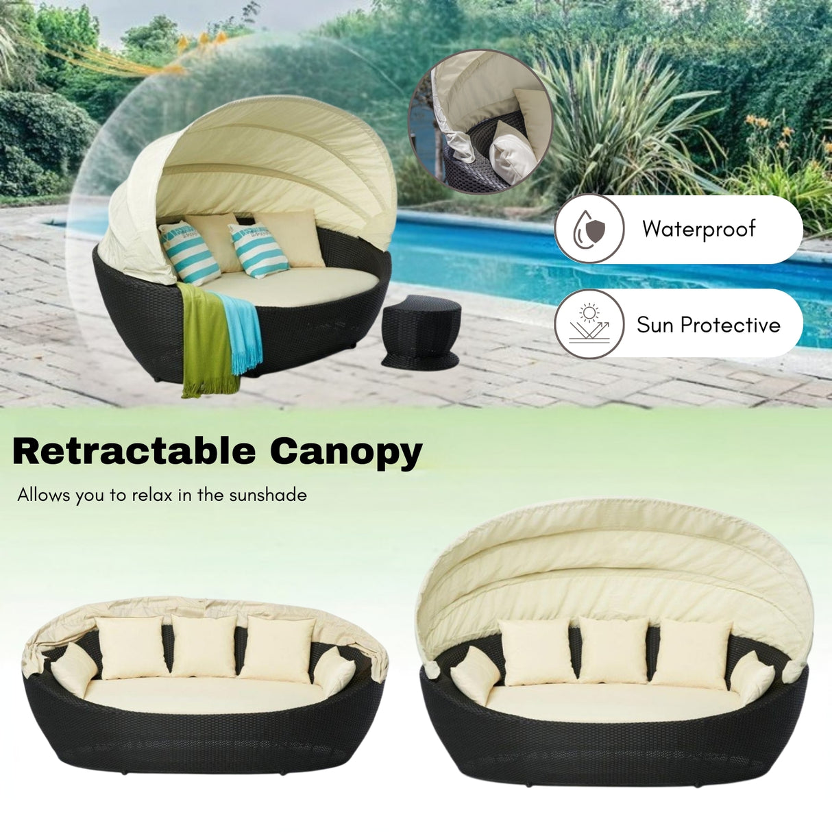 Outdoor All-Weather Wicker Patio Daybed with Retractable Canopy