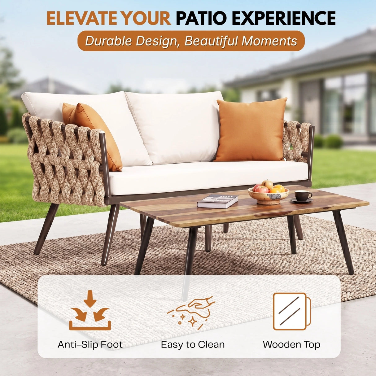 4-Piece Outdoor Rope Sofa Set With Glass Top Table (Beige & Off-White)