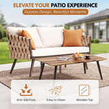 4-Piece Outdoor Rope Sofa Set With Glass Top Table (Beige & Off-White)