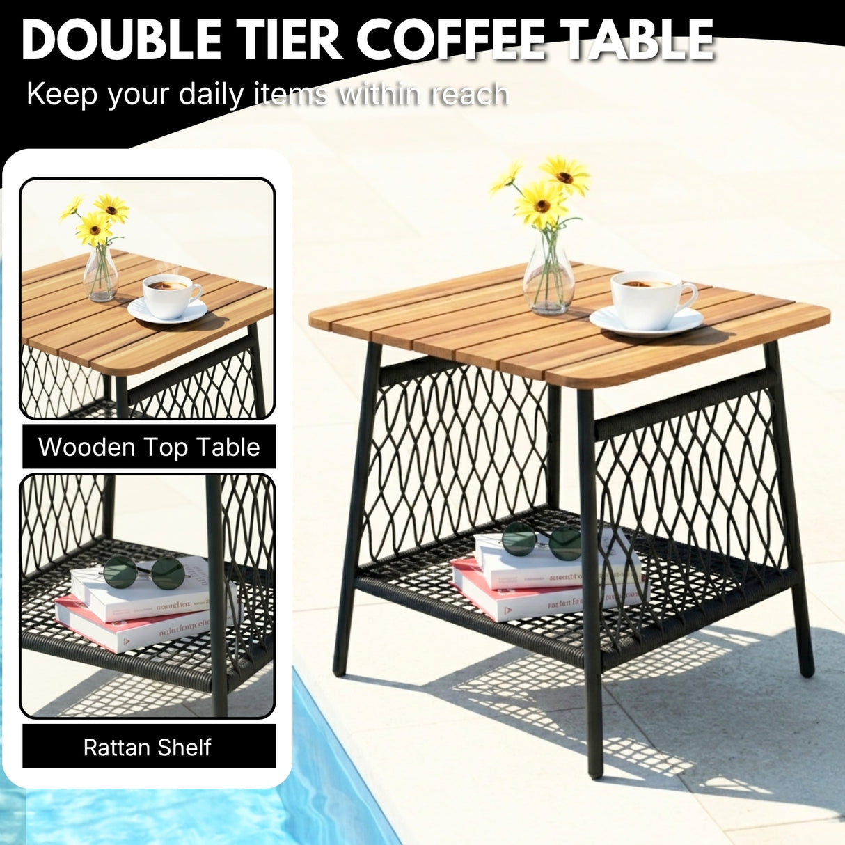 Modern Outdoor Wicker Patio Chair Set with 2-Tier Wooden Top Table