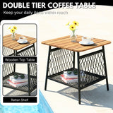 Modern Outdoor Wicker Patio Chair Set with 2-Tier Wooden Top Table