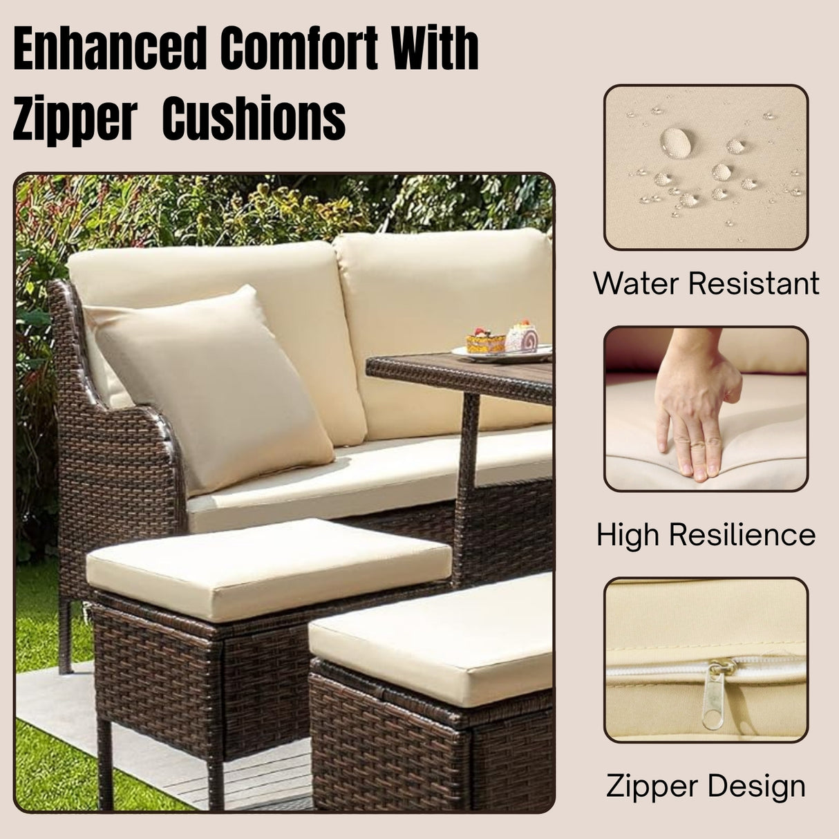 6 Piece Outdoor Patio Furniture Set (Dark Brown & Cream)