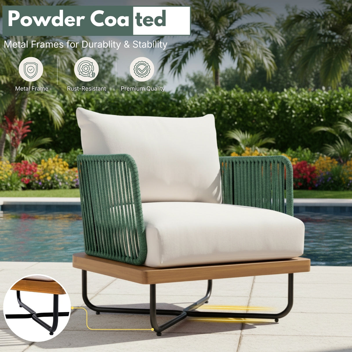 Premium All-Weather Outdoor Rope Sofa Chairs Set (Green & Off-White)