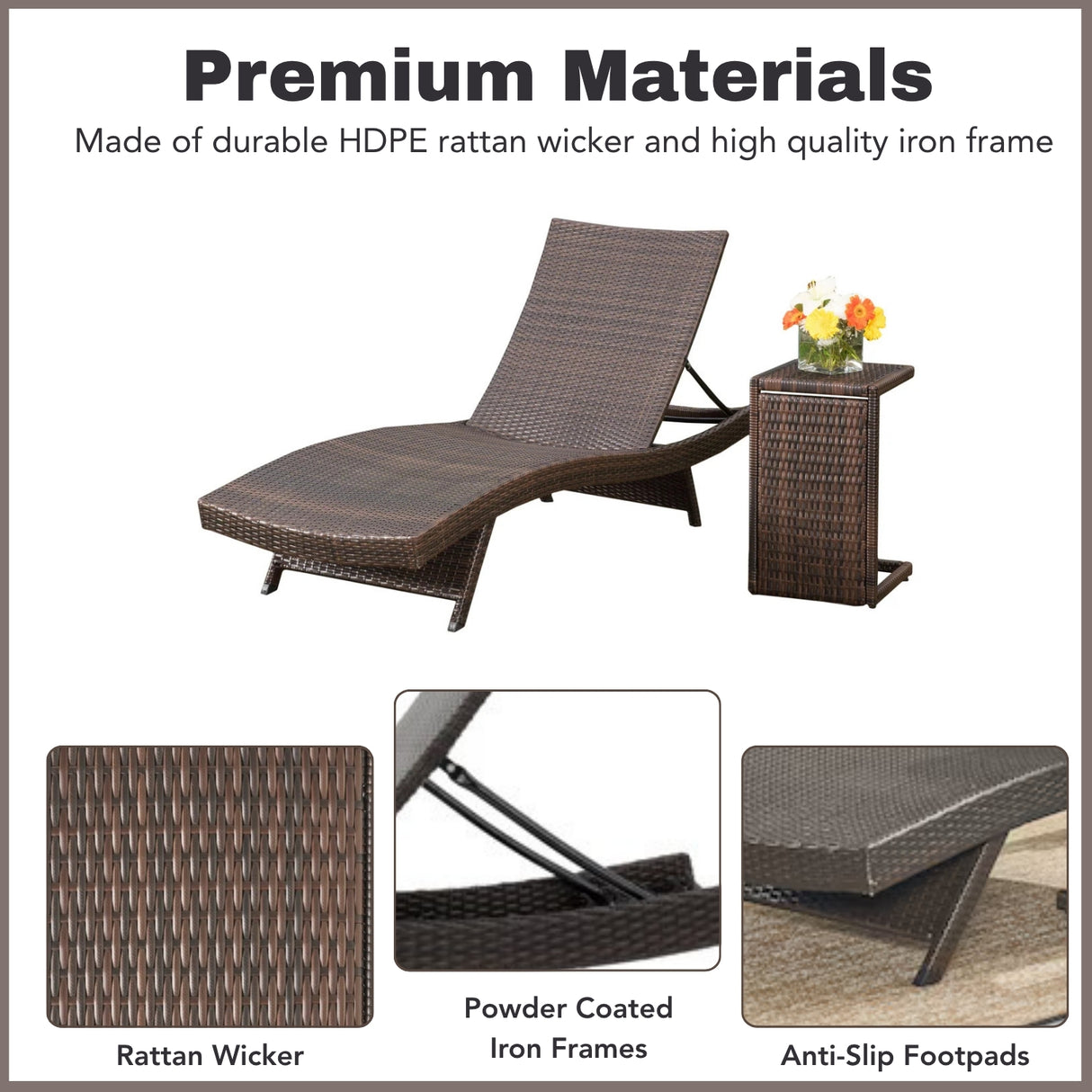 Outdoor All-Weather HDPE Wicker Rattan Sunlounger Recliner with Side Table