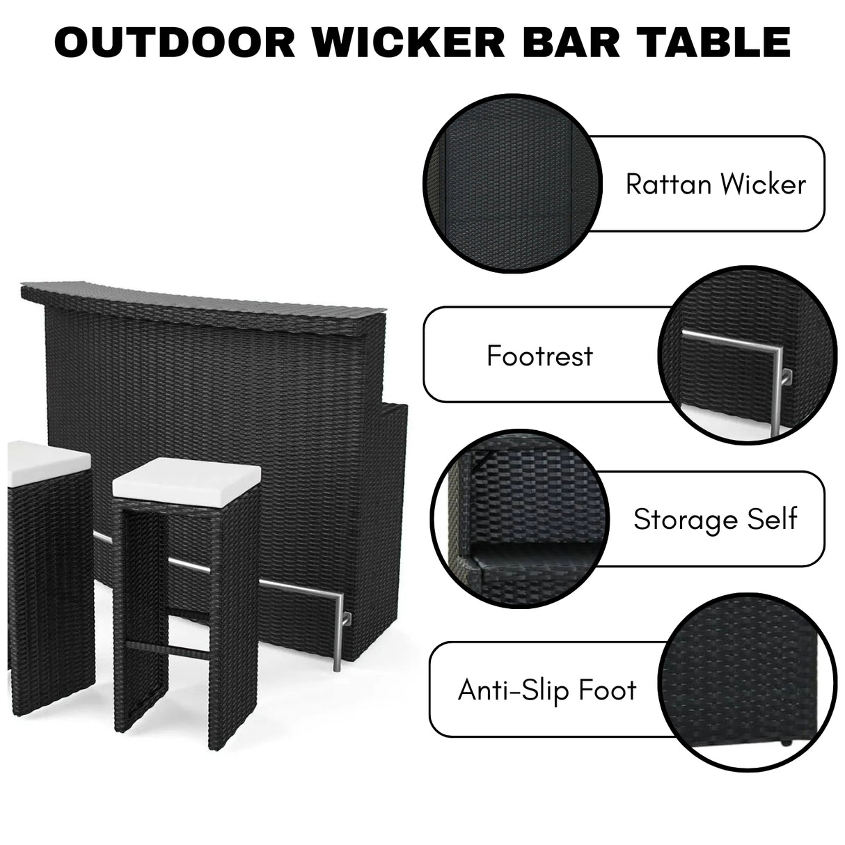 3-Seater Outdoor Rattan Wicker Bar Set