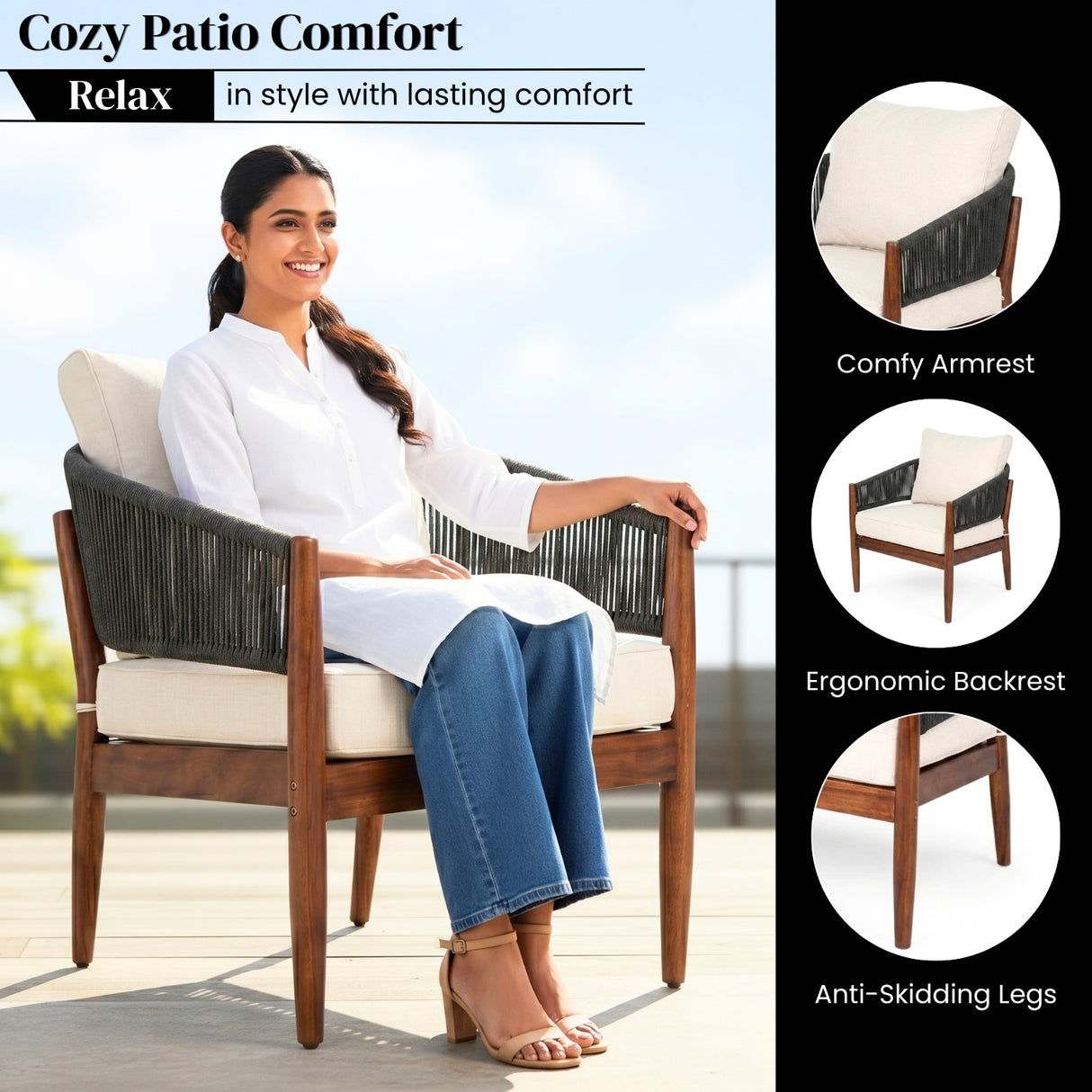 Outdoor Rope Sofa Set with  Round Slatted Coffee Table (Black & Off-White)