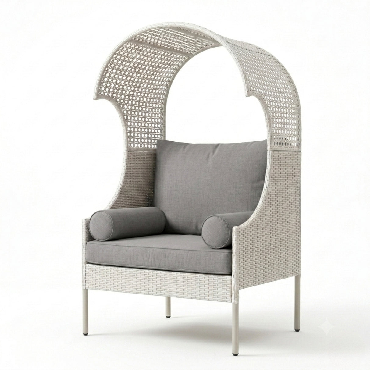 Outdoor Wicker Canopy Egg Chair with Cushions (White & Grey)
