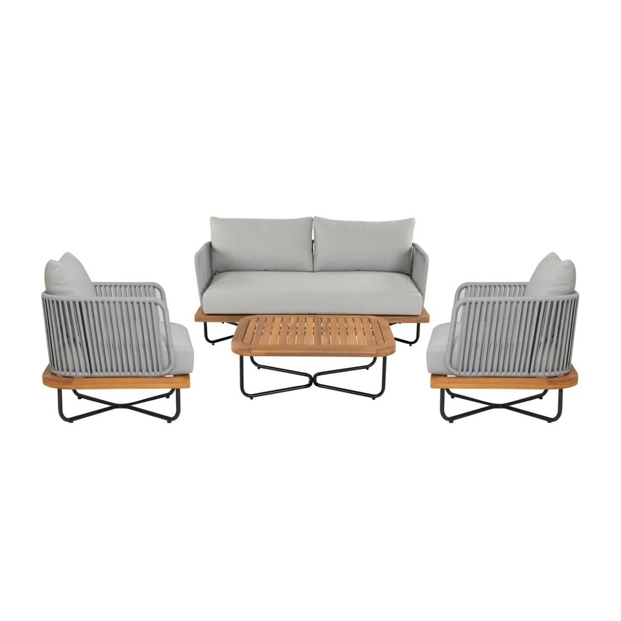 Outdoor 4-Piece Rope Woven Conversation Sofa Set with Wooden Top Table