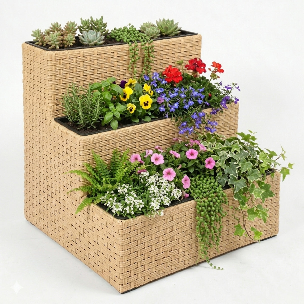 Outdoor 3-Tier Wicker Raised Planter Stand (Beige)