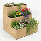 Outdoor 3-Tier Wicker Raised Planter Stand (Beige)