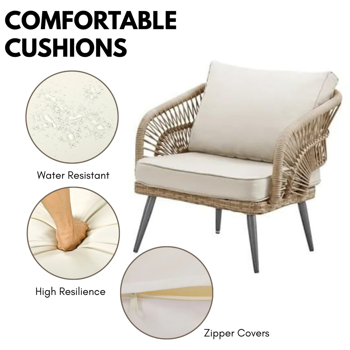 Outdoor Rope 4-Piece Patio Sofa Set with Glass Top Table (Beige/Cream)