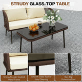 Outdoor Rope 4-Seater Sofa Set with Glass Top Table (Brown & Cream)