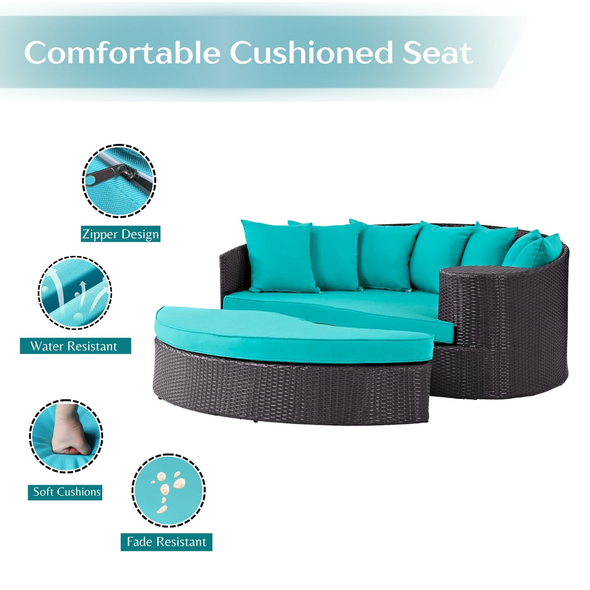 Outdoor Rattan Wicker Daybed (Dark Brown & Turquoise Blue)