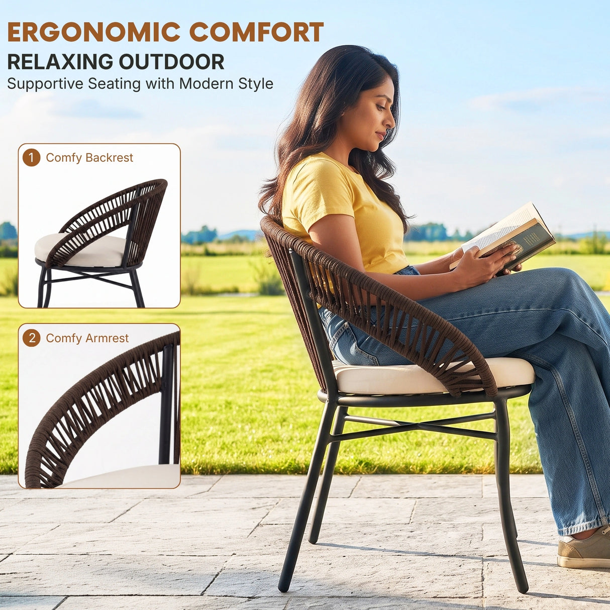 Outdoor Rope 3 Piece Patio Bistro Set (Dark Brown & Cream)