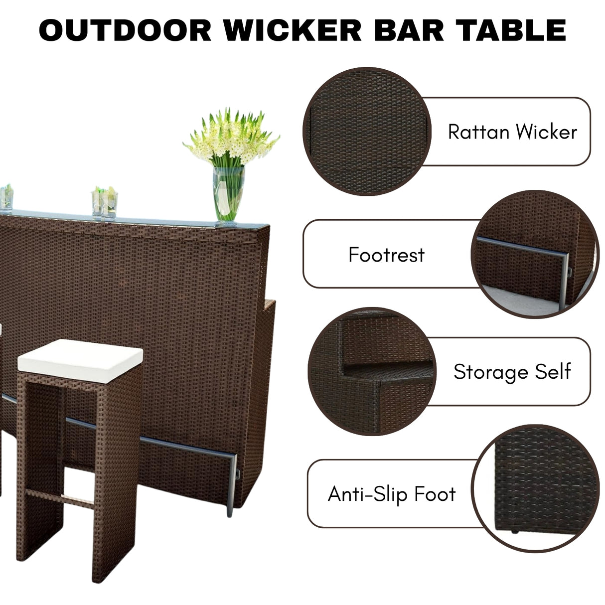 3-Seater Outdoor Rattan Wicker Bar Set
