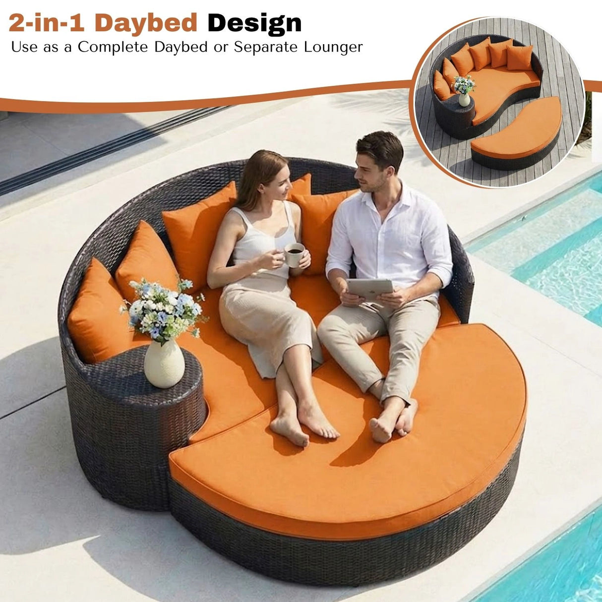 Outdoor Rattan Wicker Daybed (Dark Brown & Orange)
