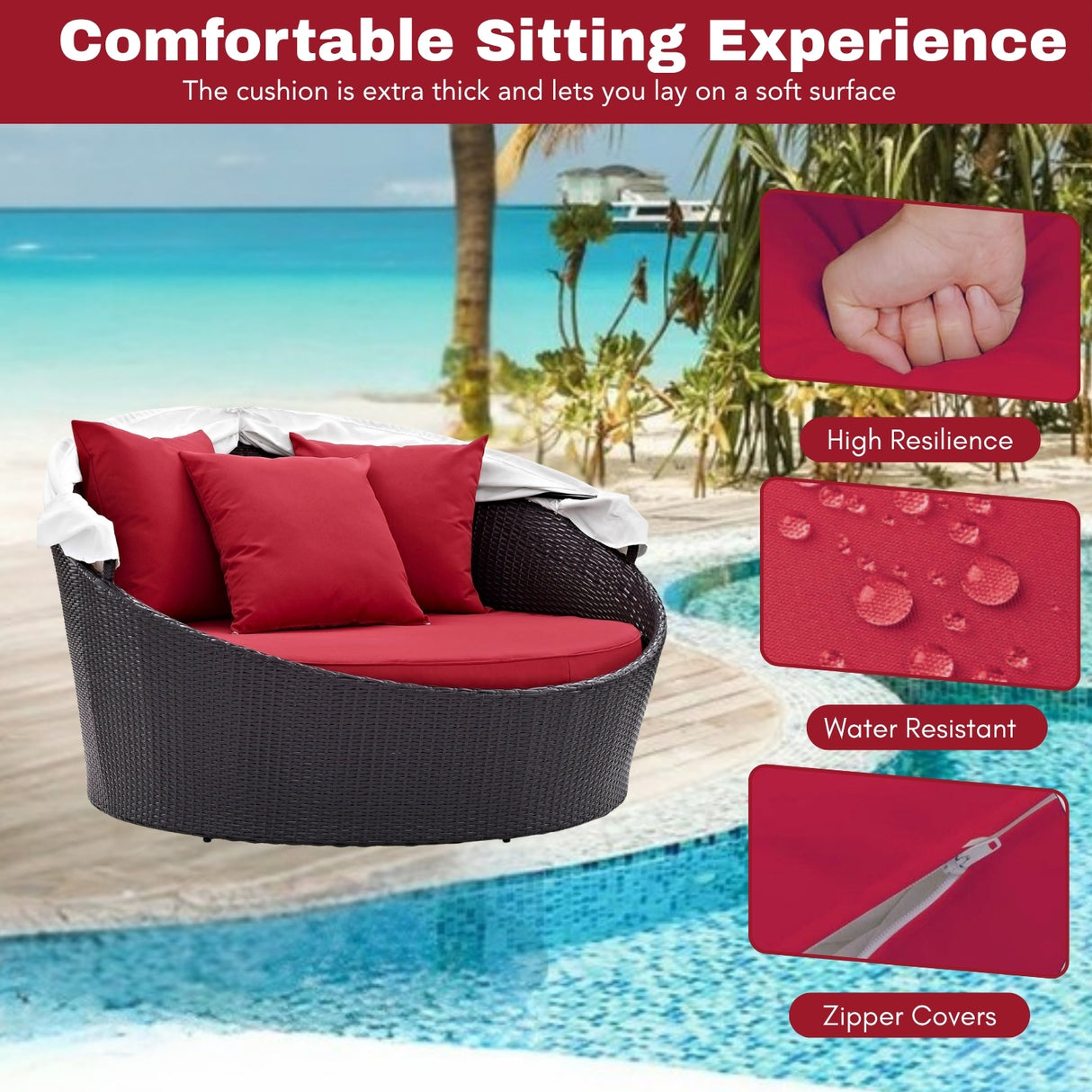 Outdoor Rattan Wicker Patio Daybed with Retractable Canopy