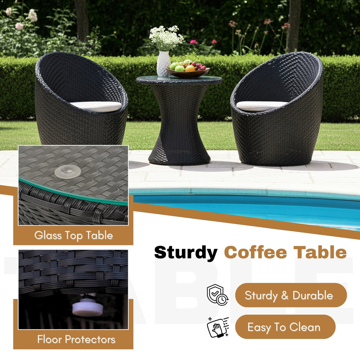 Outdoor Rattan Wicker 3-Piece Conversation Set