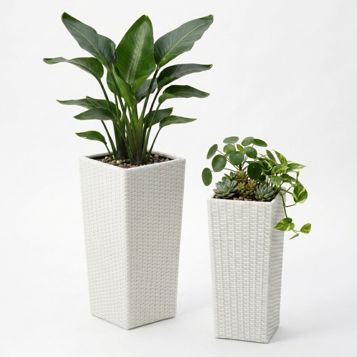 2-Piece Outdoor Rattan Wicker Tall Square Planters (White)