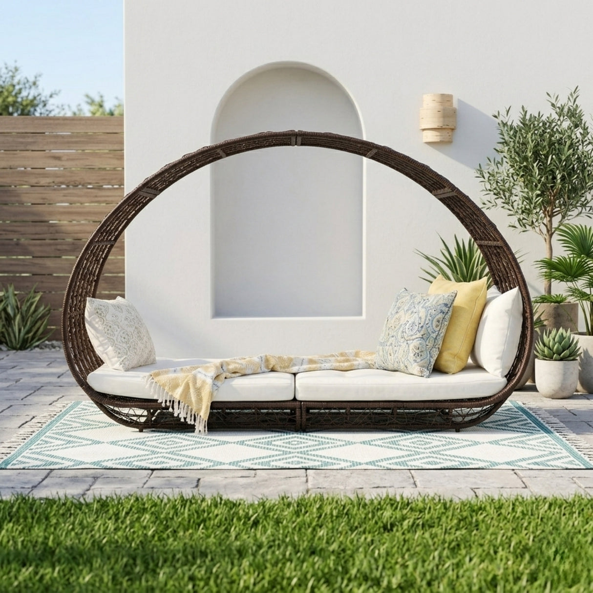 Outdoor Rattan Wicker Daybed with Oval-Shaped Canopy Frame (Dark Brown & Off-White)