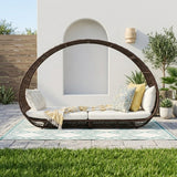 Outdoor Rattan Wicker Daybed with Oval-Shaped Canopy Frame (Dark Brown & Off-White)