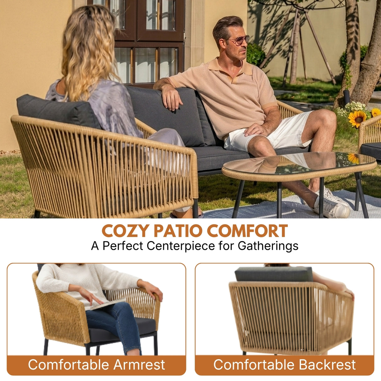 Outdoor 4 Seater Rope Conversation Sofa Set (Beige & Dark Grey)