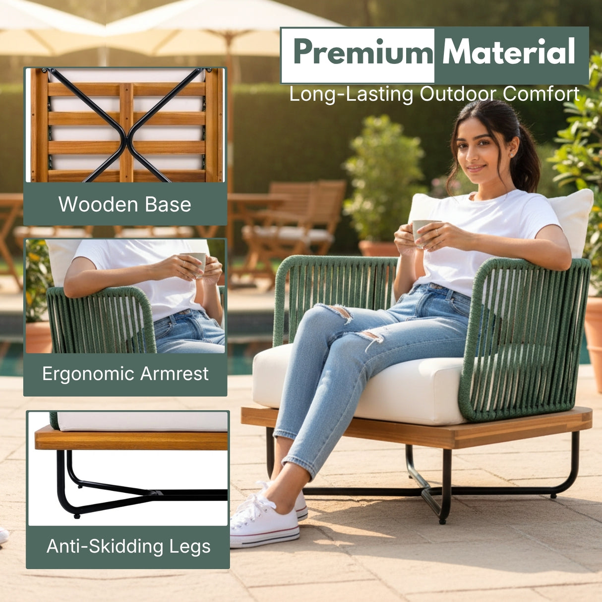 Outdoor Rope Sofa Set with Wooden Base & Teak Finish Coffee Table (Green & Off-White)