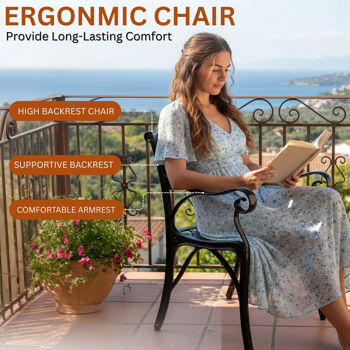 Outdoor Cast Aluminum 2 Chairs Patio Bistro Set (Black)