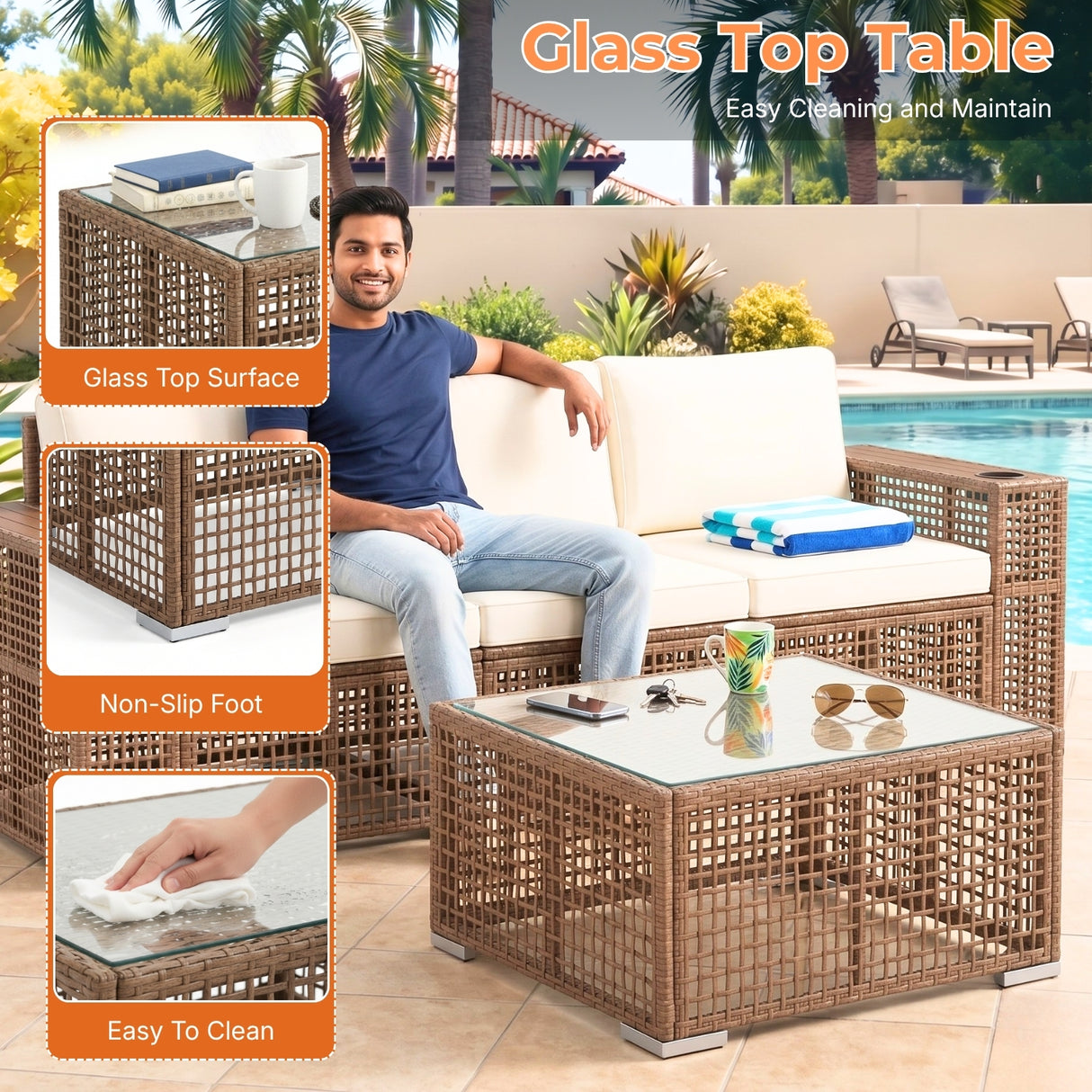 Outdoor Rattan Wicker Patio Conversation Furniture Set (Dark Brown & Cream)