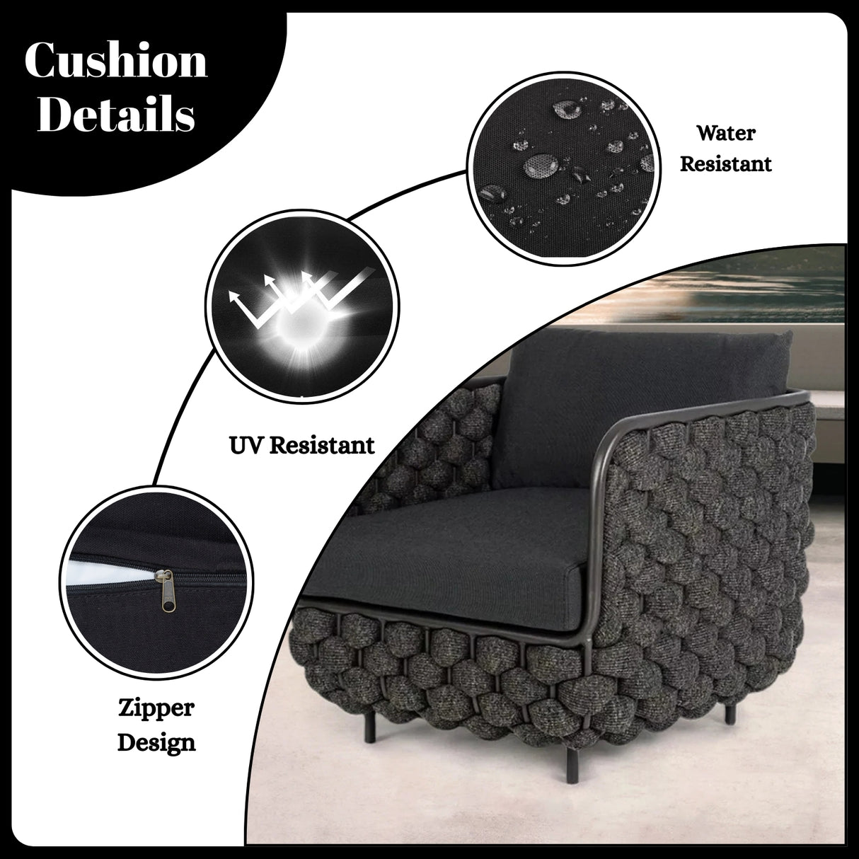 4 Piece Outdoor Rope Sofa Set with Glass Top Coffee Table (Black)