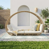Outdoor Rattan Wicker Daybed with Oval-Shaped Canopy Frame (Beige & Off-White)