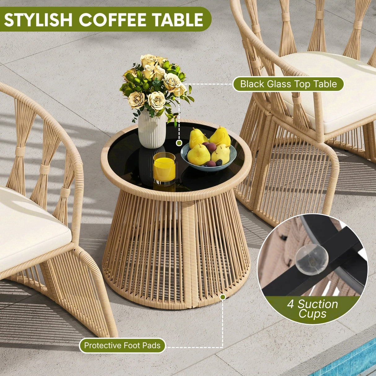 Outdoor Rope 3-Piece Patio Set (Beige & Off-White)