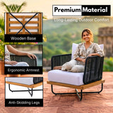 Outdoor Rope Sofa Set with Wooden Base & Teak Finish Coffee Table (Black & Off-White)