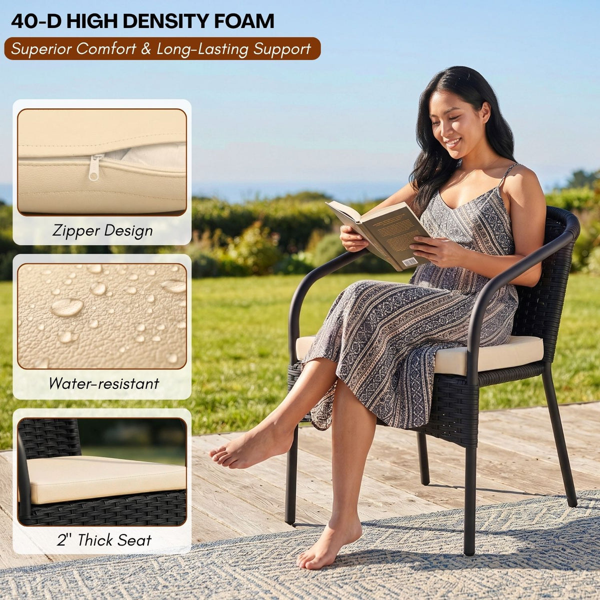 3 Piece Outdoor Wicker Patio Furniture Set (Black & Cream)