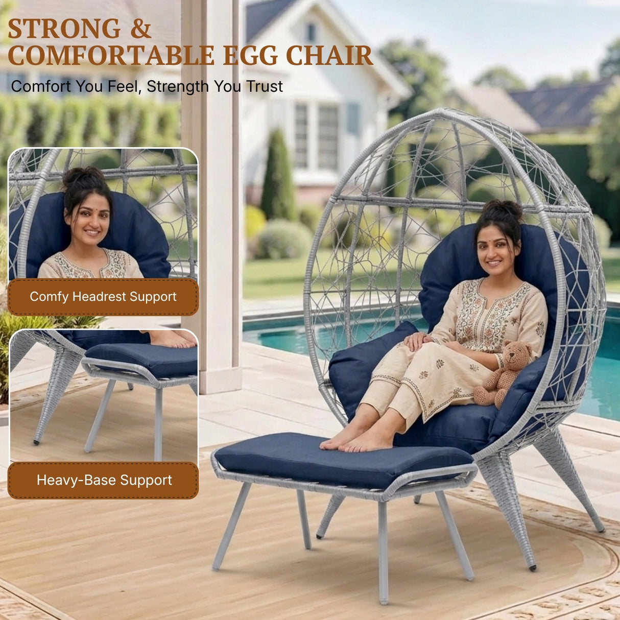 Outdoor Wicker Egg Chair with Ottoman (Silver Grey & Navy-Blue)