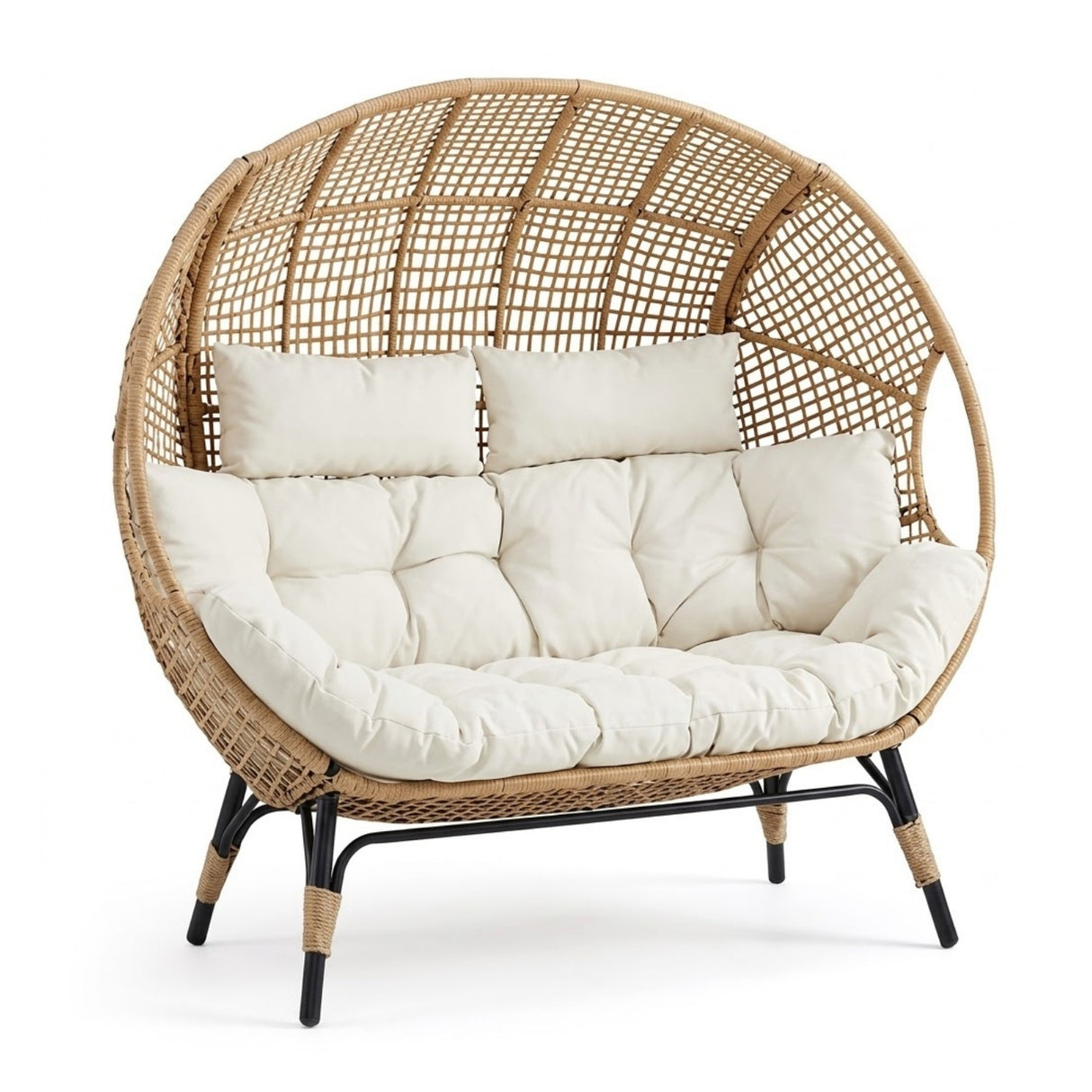 Outdoor Rattan Wicker Double Seater Egg Chair (Beige & Cream)