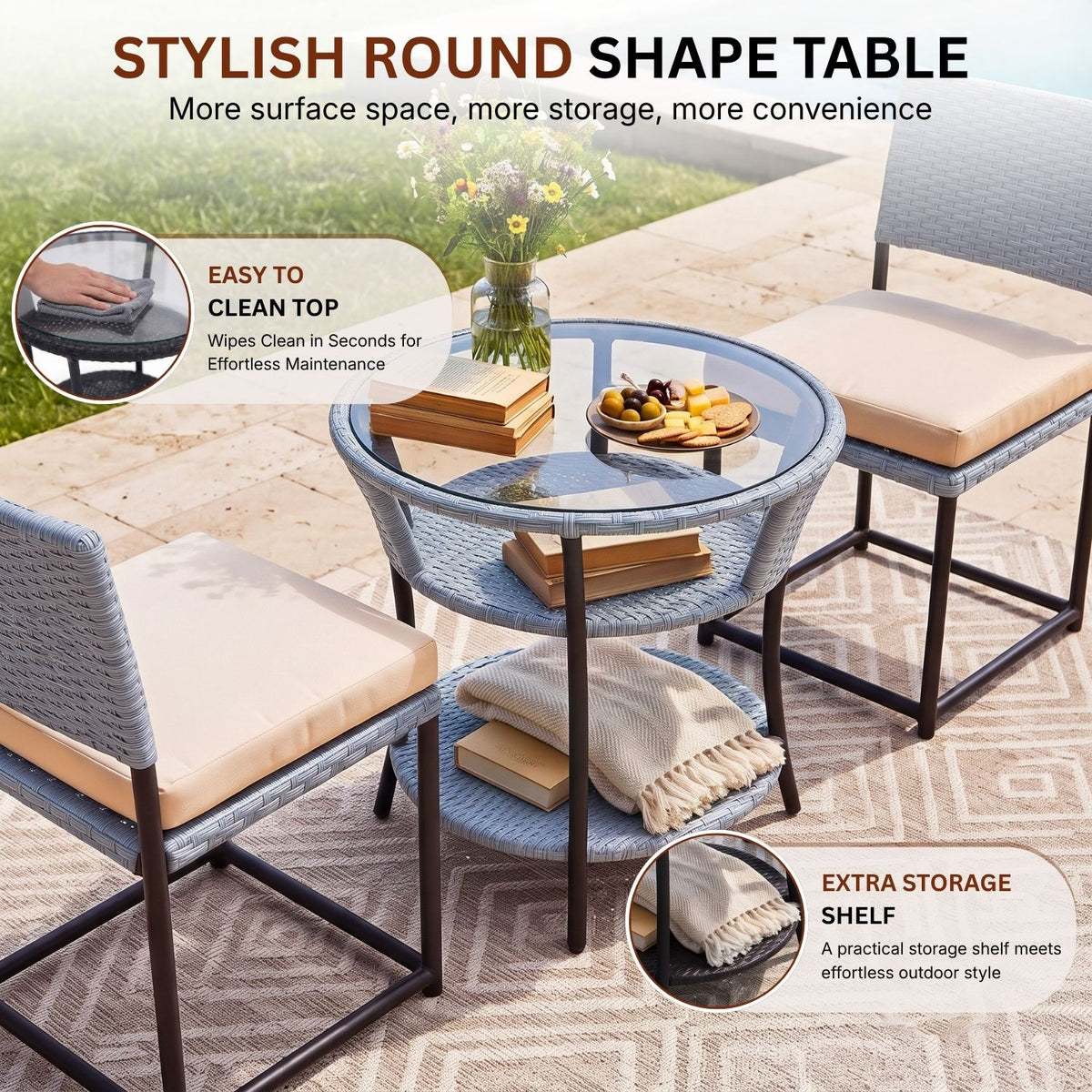 5-Piece Outdoor Wicker Patio Furniture Set (Silver Grey & Cream)