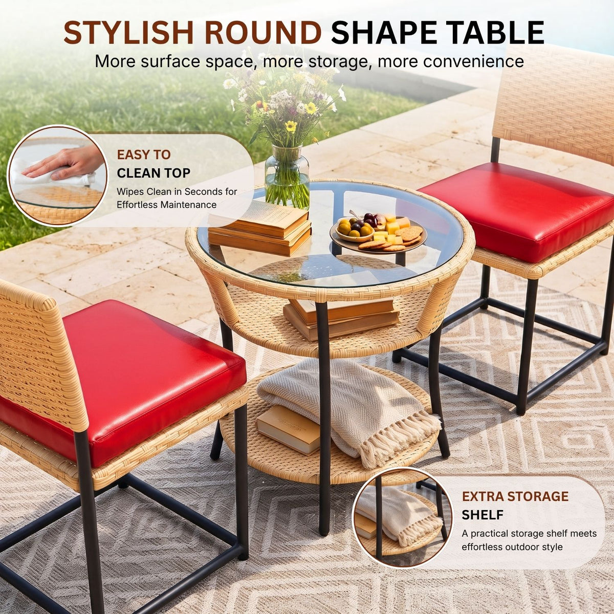 5-Piece Outdoor Wicker Patio Furniture Set (Beige & Red)